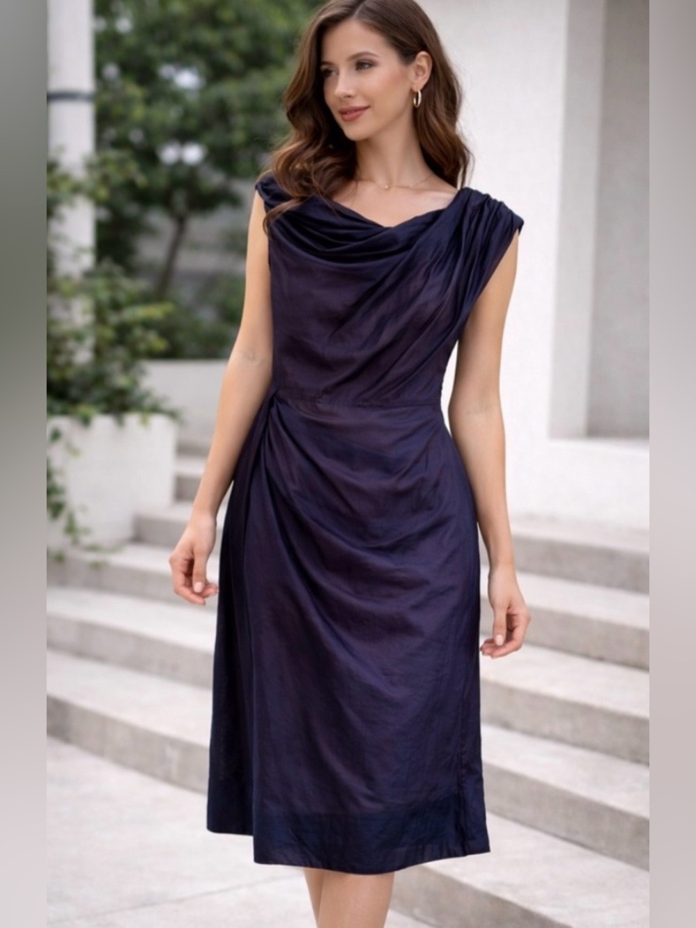 Byron Lars Beauty Mark Midi Dress Women’s 4 Navy Draped Ruched Cocktail Party